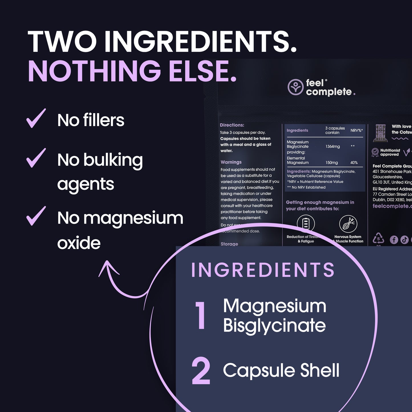 Two ingredients only: magnesium bisglycinate and capsule shell — back of pack label