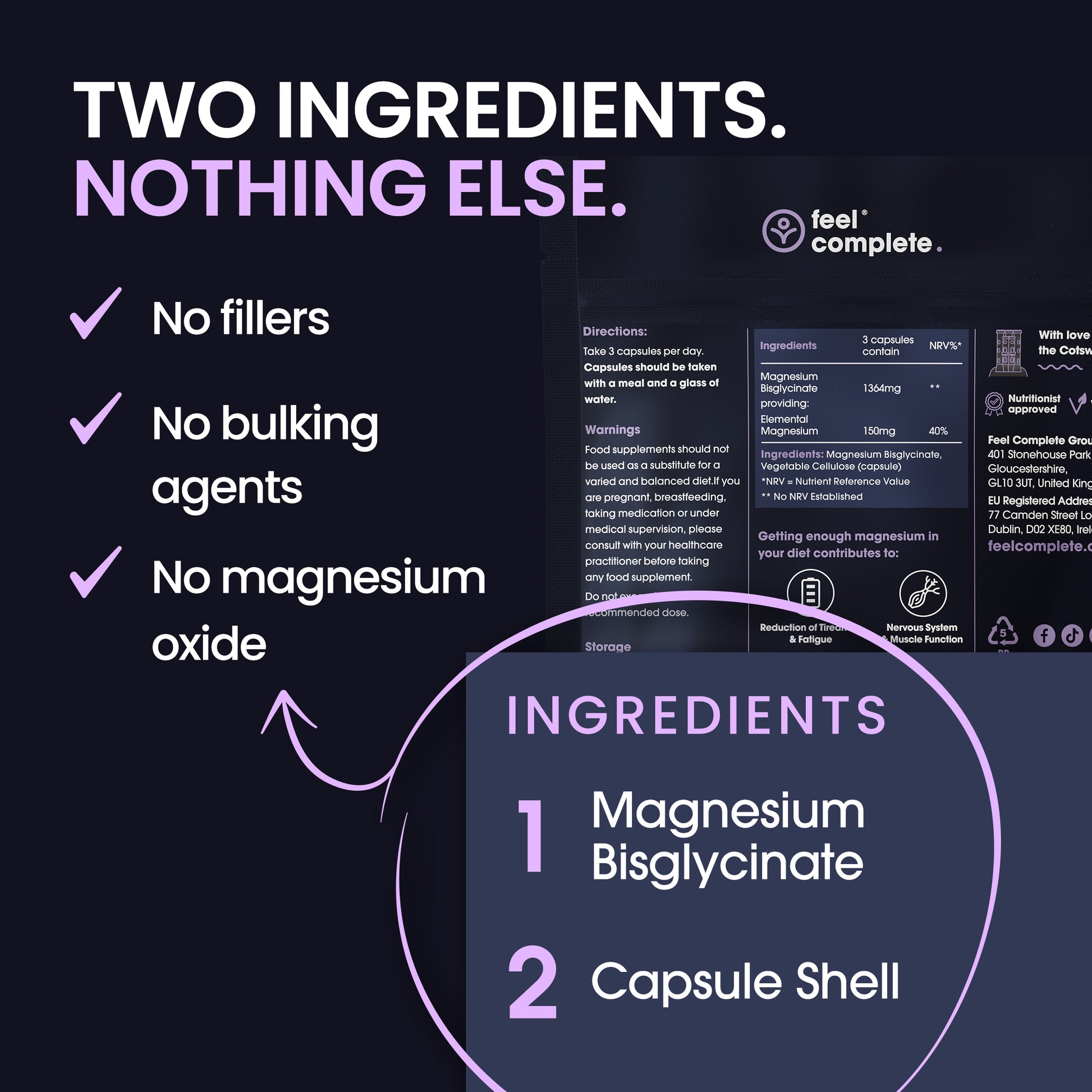 Two ingredients only: magnesium bisglycinate and capsule shell — back of pack label