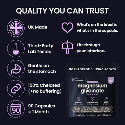 Promotional graphic for a magnesium glycinate supplement pouch on a dark background. The left side lists trust badges and claims in white and lavender text with icons: UK Made, Third-Party Lab Tested, Gentle on the stomach, 100% Chelated, and 90 Capsules = 1 Month.
