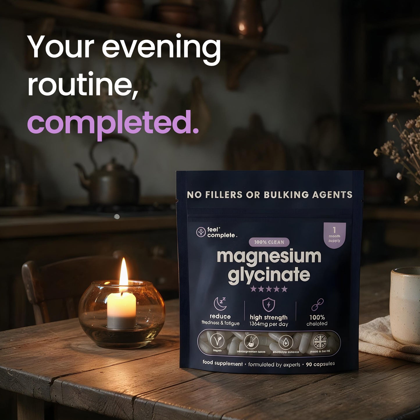 Magnesium Glycinate pouch on a kitchen table in the evening